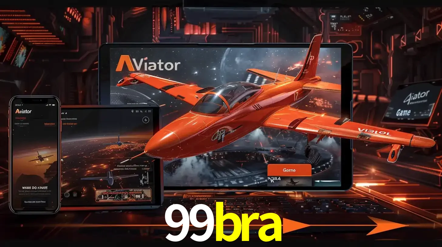 Apresentação tecnológica do jogo Aviator com um avião saindo da tela de um tablet, demonstrando a experiência imersiva em múltiplos dispositivos no 99bra.