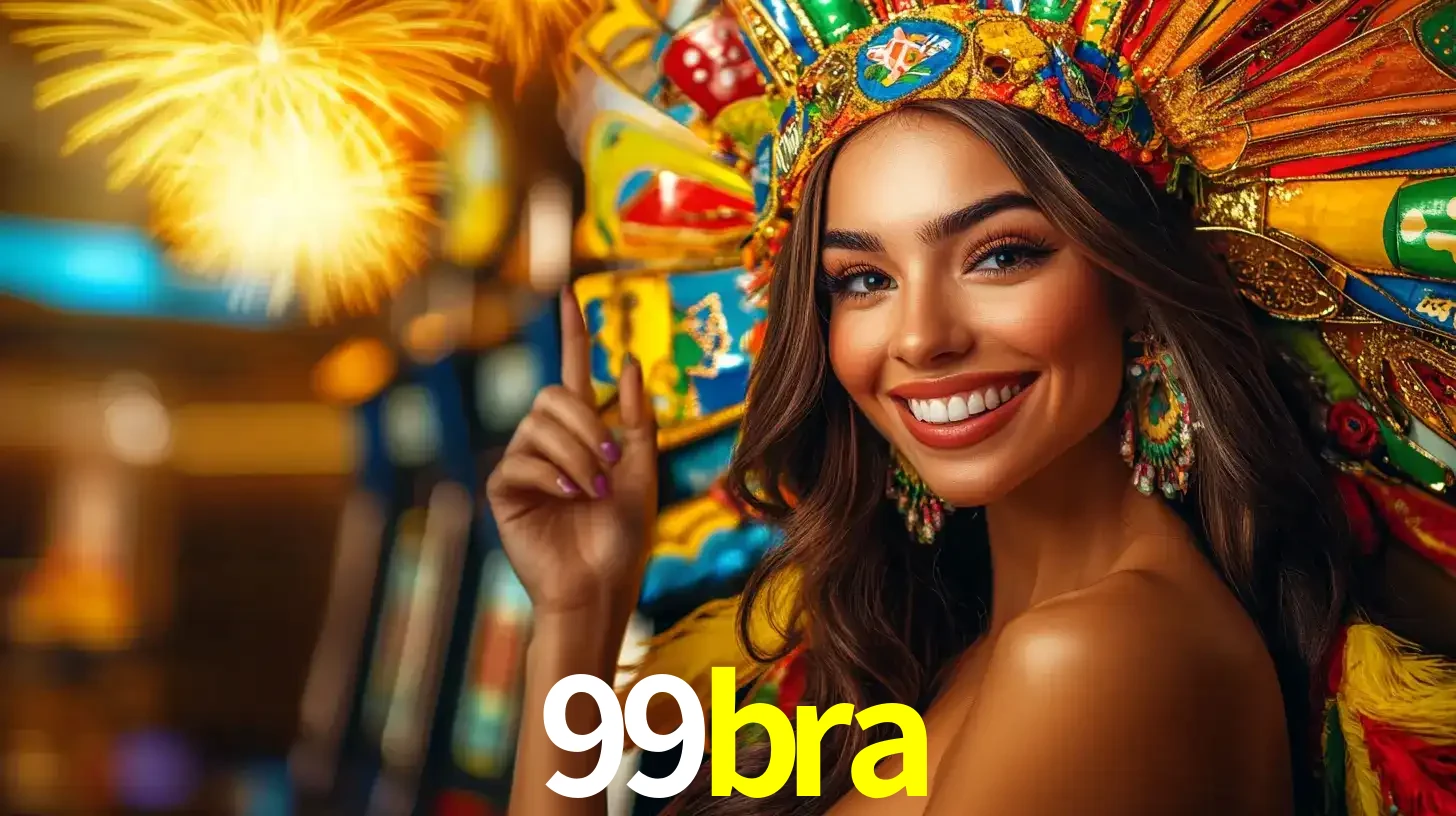 Mulher sorridente com um cocar de carnaval vibrante e colorido, celebrando uma grande vitória nos jogos do cassino 99bra com fogos de artifício ao fundo.