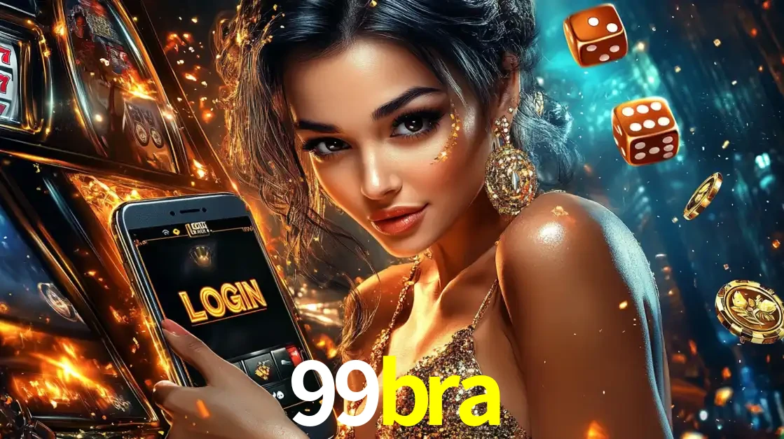 Mulher glamourosa segurando um celular com a tela de login do cassino 99bra, rodeada por dados e moedas douradas, pronta para começar a diversão.