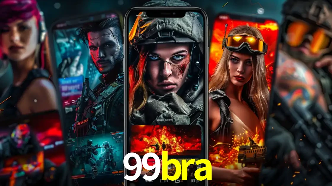 Montagem de telas de celular mostrando diversos personagens, masculinos e femininos, de um jogo de tiro, ilustrando a diversidade de equipes de e-sports para apostar no 99bra.