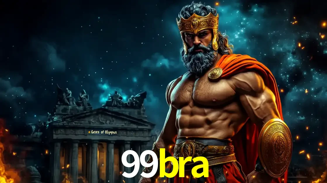 O poderoso Zeus do jogo de slot Gates of Olympus em frente ao seu templo, pronto para lançar multiplicadores divinos e prêmios épicos no cassino online 99bra.