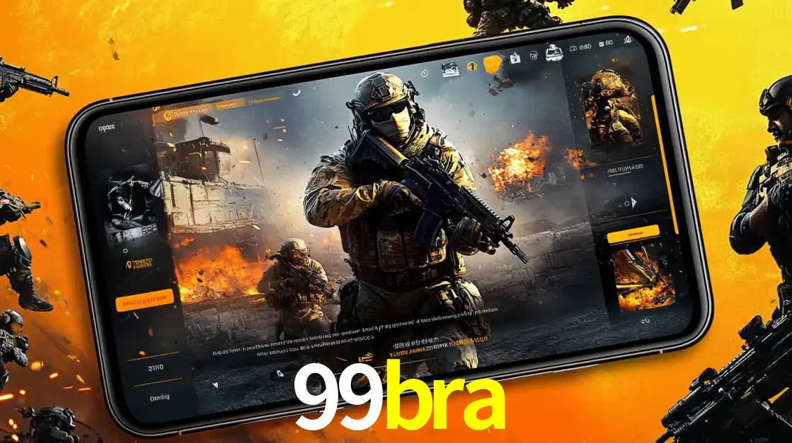 Um smartphone exibindo a interface de um jogo de tiro em primeira pessoa, com um soldado em um cenário de batalha, representando a ação dos e-sports para apostar no 99bra.