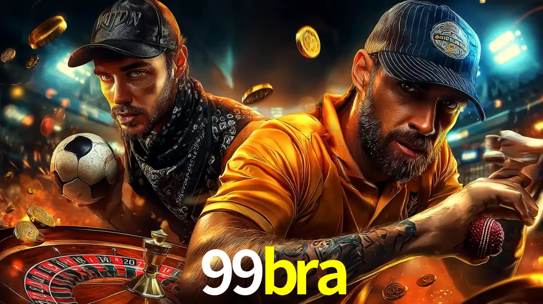 Montagem de apostas esportivas e cassino no 99bra, com um homem segurando uma bola de futebol e outro uma de beisebol sobre uma roleta e moedas voadoras.