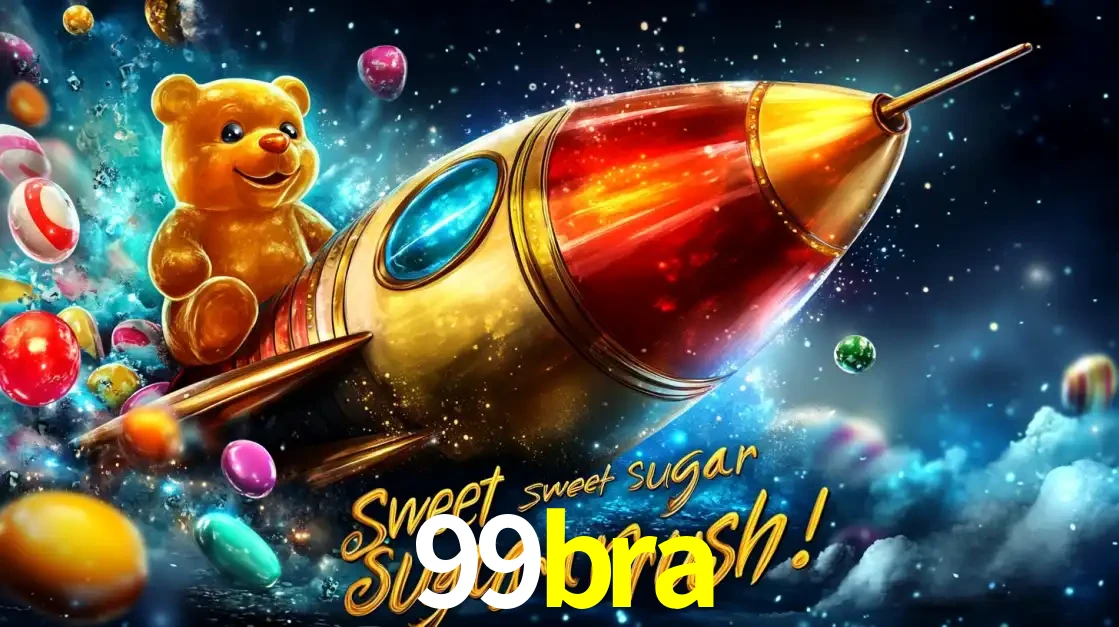 Arte promocional do jogo de slot Sugar Rush, com um urso de pelúcia em um foguete viajando pelo espaço de doces, um dos jogos divertidos disponíveis no cassino 99bra.