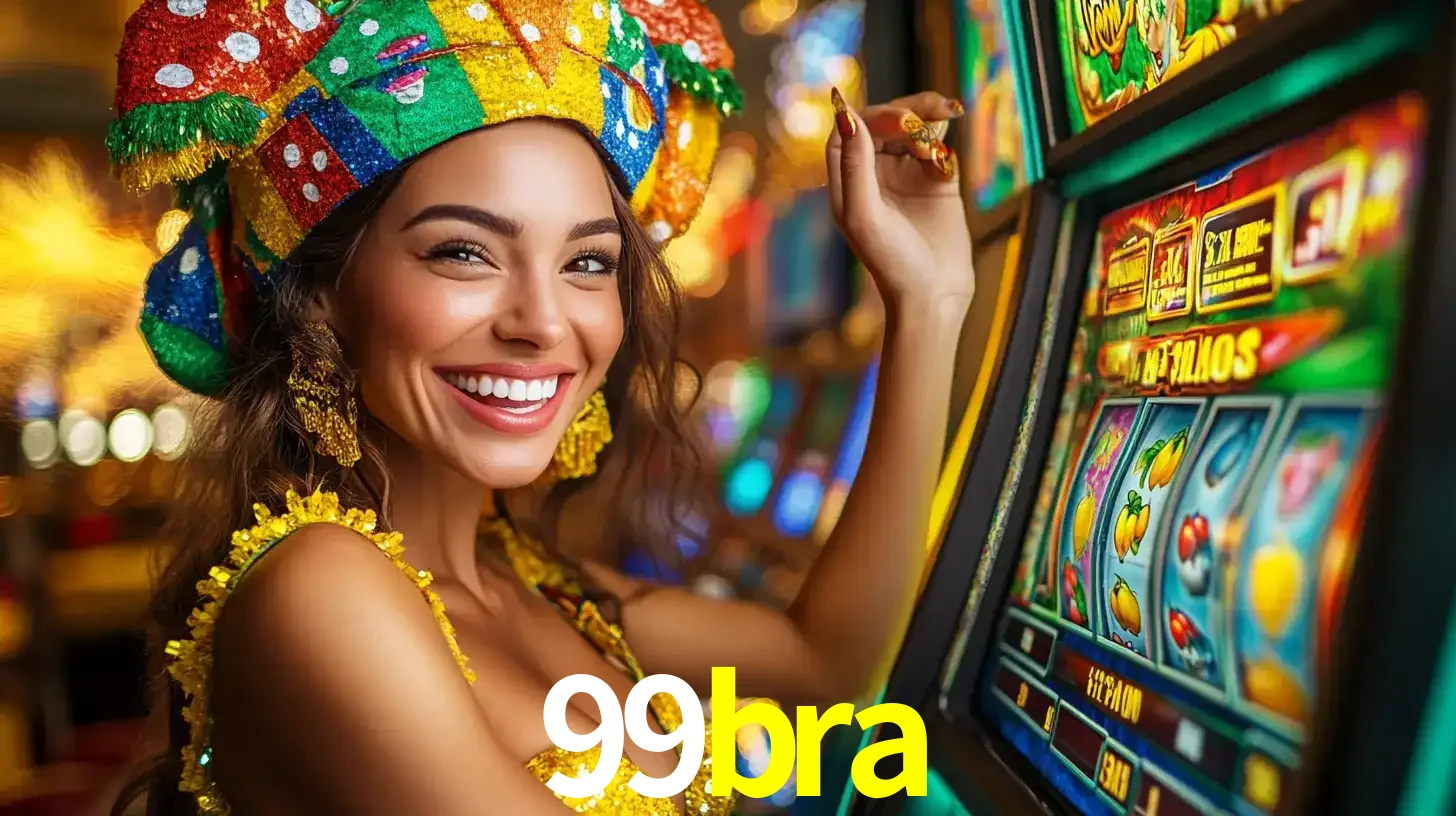 Mulher feliz com traje de carnaval amarelo e colorido ao lado de uma máquina de caça-níqueis, aproveitando a diversão e os jogos temáticos do cassino 99bra.