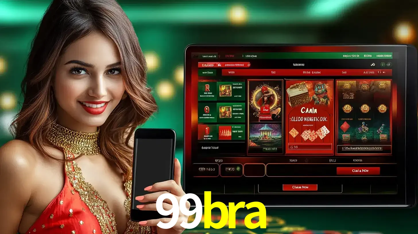 Mulher sorridente segurando um smartphone, ao lado de uma tela exibindo o lobby de jogos do cassino online 99bra, com várias opções de jogos de cartas e slots.